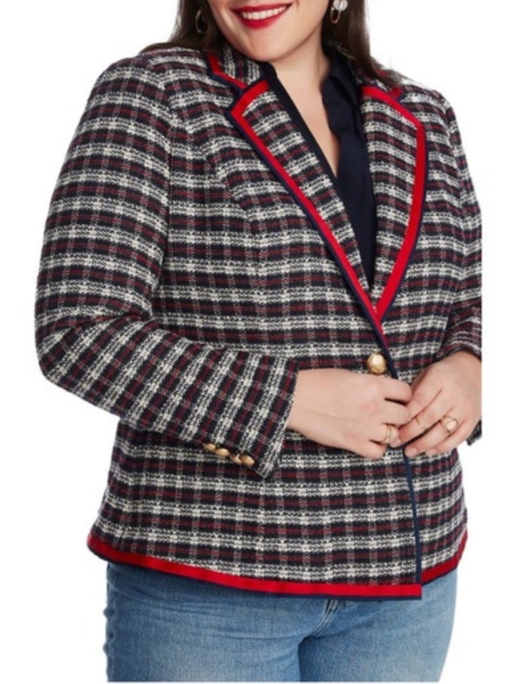 NEW Court & Rowe Satin Trim Plaid Tweed Blazer Blue Night 20W Plus Size